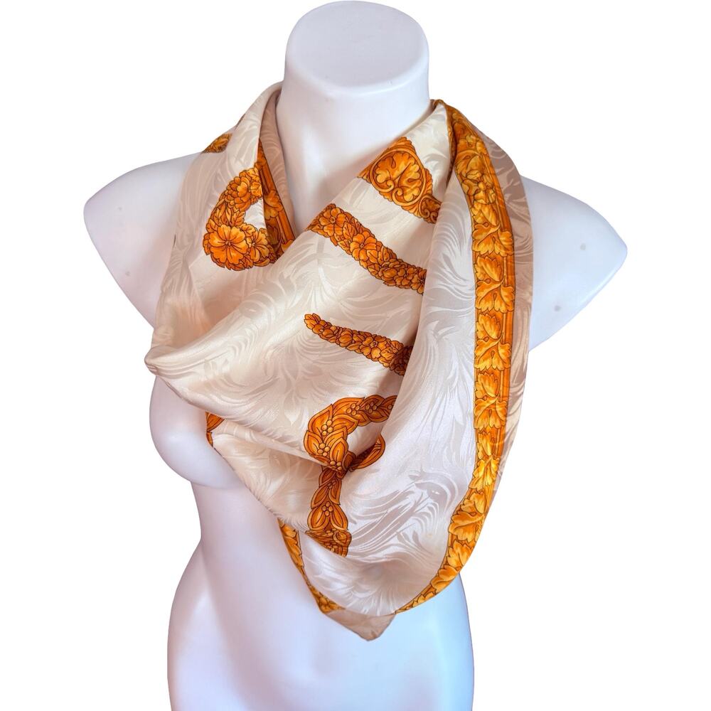 Vintage Enrico Coveri 80s Silk Scarf Ivory Gold Signature Italian Designer 33x35